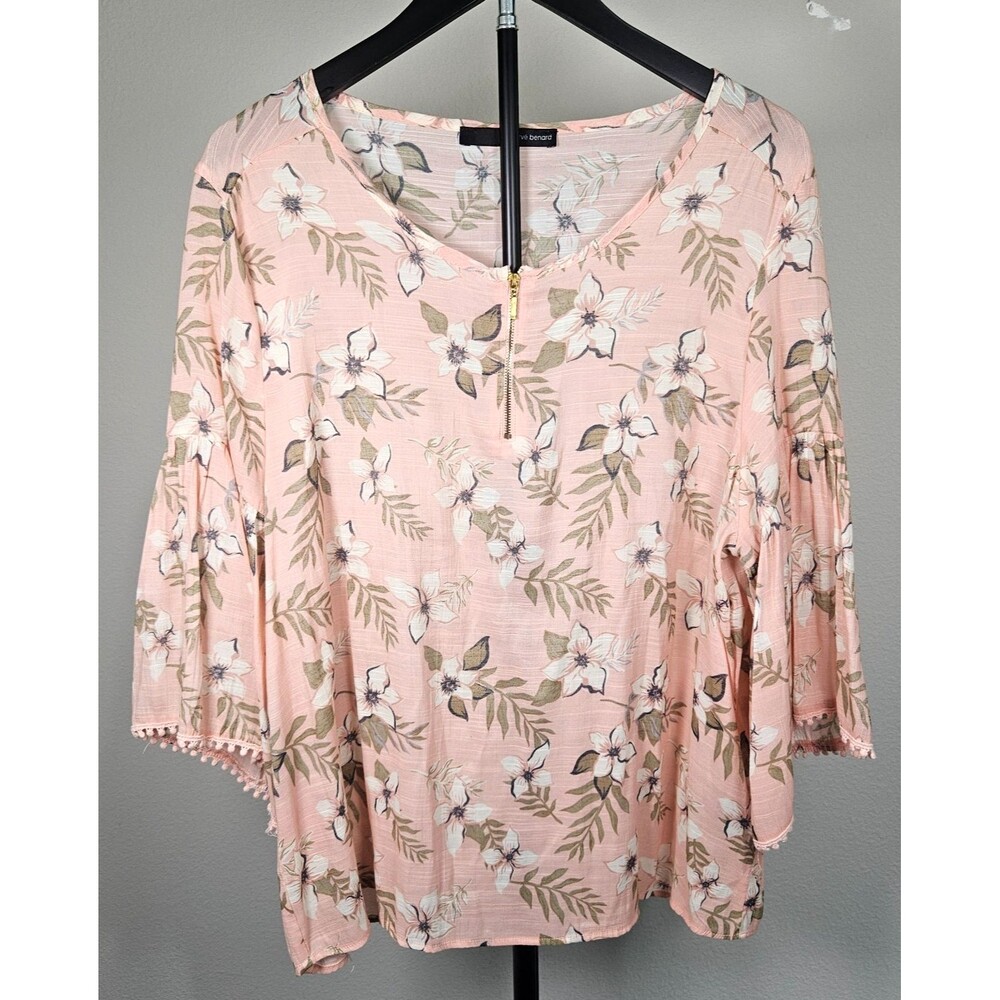 Herve Bernard Womens XL Pink Floral Blouse Bell Sleeve Zip Neck Boho Top